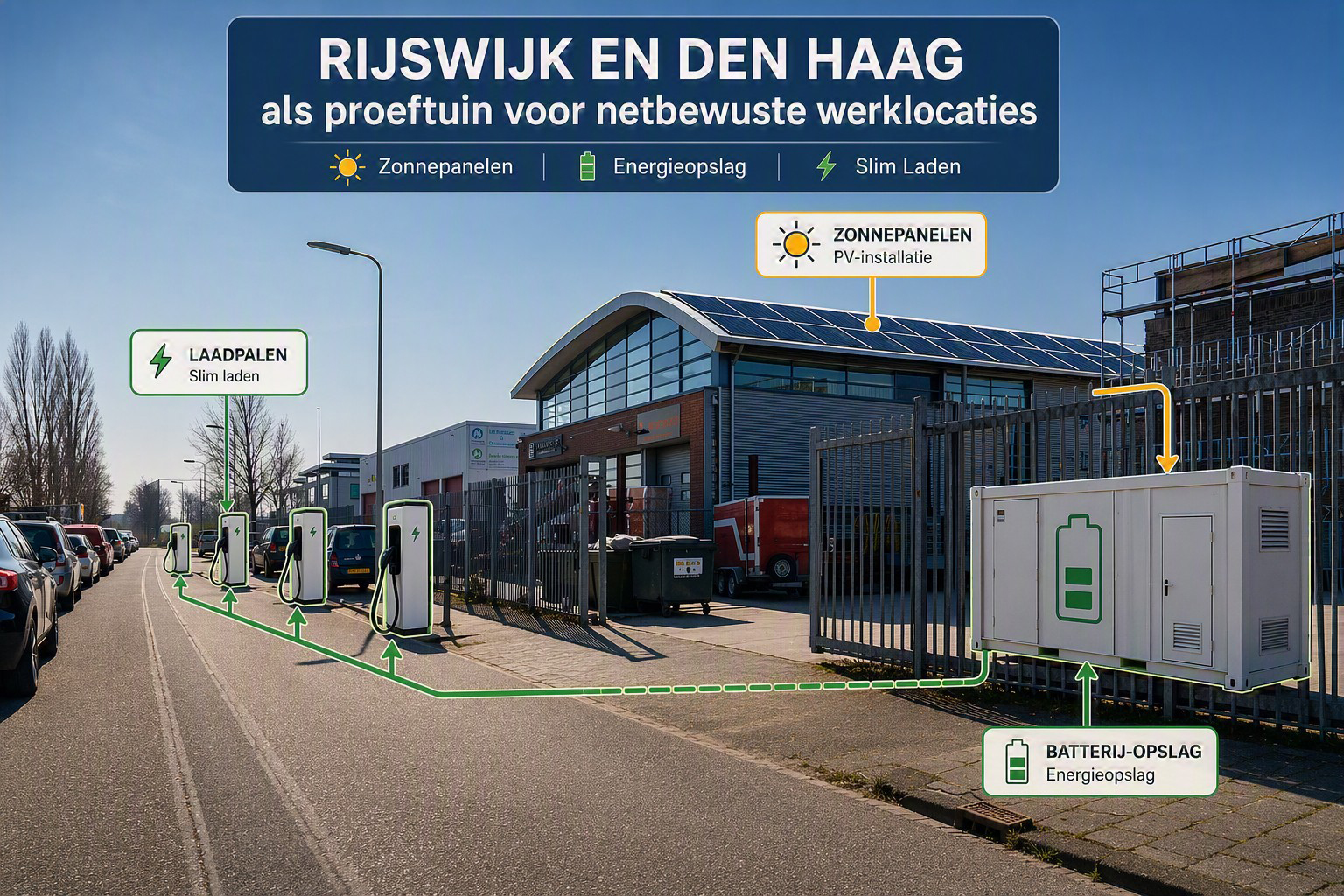 Proeftuin met zonnepanelen, laadpalen en batterijopslag voor netbewuste werklocaties