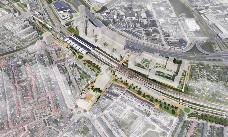 Een illustratie van bovenaf van de plek waar de fietscorridor wordt aangelegd