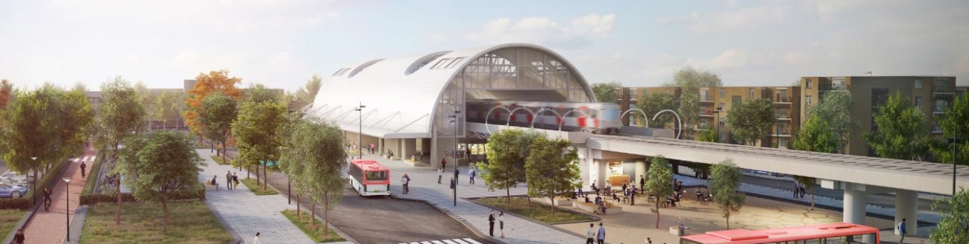 Artist impression van het vernieuwde metro- en busstation Spijkenisse Centrum. Je ziet een verhoogde rails voor de metro met een bol dak, daaronder rijden bussen en lopen mensen.