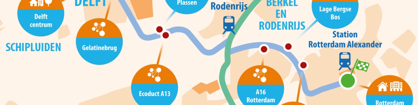 kaart van de fietsroute Delft, via Pijnacker-Nootdorp en Lansingerland naar Rotterdam-Alexander.
