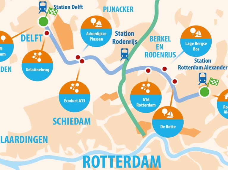 kaart van de fietsroute Delft, via Pijnacker-Nootdorp en Lansingerland naar Rotterdam-Alexander. 